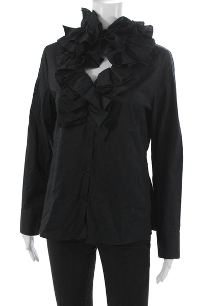 Zara Women Blouse Button-Up Collared Long Sleeve Black Cotton Blend Size S