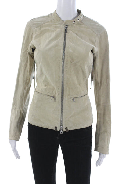 Prada Womens Biker Leather Jacket Beige Zip Long Sleeve Size 40