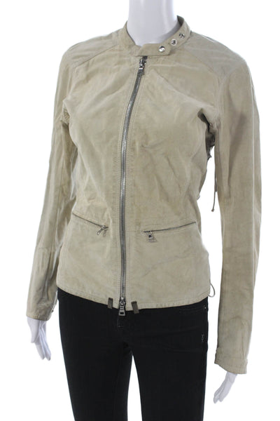 Prada Womens Biker Leather Jacket Beige Zip Long Sleeve Size 40