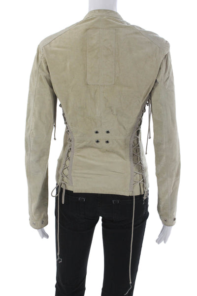 Prada Womens Biker Leather Jacket Beige Zip Long Sleeve Size 40