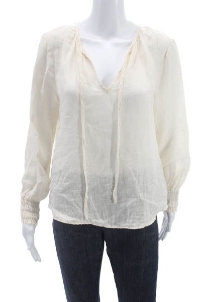 Bella Dahl Women V Neck Tie Long Sleeve Linen Basic Blouse Ivory Size S