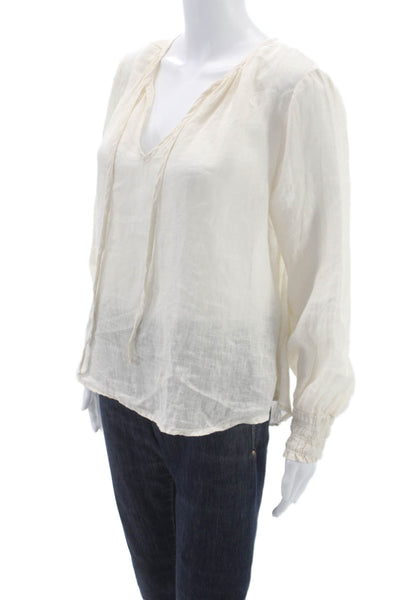 Bella Dahl Women V Neck Tie Long Sleeve Linen Basic Blouse Ivory Size S