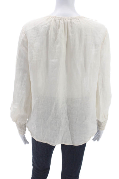 Bella Dahl Women V Neck Tie Long Sleeve Linen Basic Blouse Ivory Size S