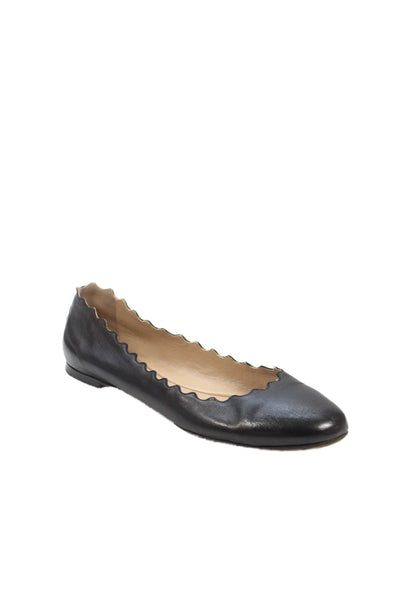 Chloe Womens Leather Scalloped Ballerinas Ballet Flats Shoes Black Size 9.5