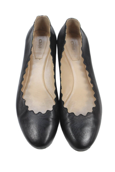 Chloe Womens Leather Scalloped Ballerinas Ballet Flats Shoes Black Size 9.5