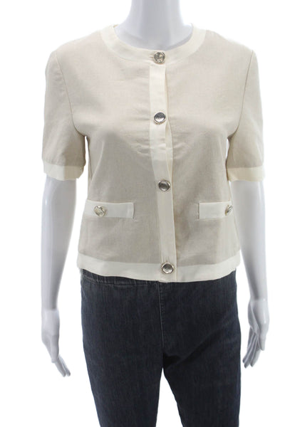 Zara Women Basic Linen Blend Button Up Top Beige Short Sleeve Size S