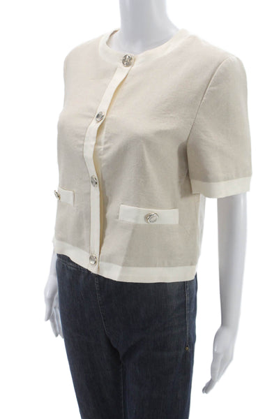 Zara Women Basic Linen Blend Button Up Top Beige Short Sleeve Size S
