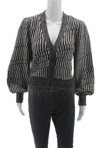 Eleven Six Women Cardigan Sweater Black Geometric V Neck Baby Alpaca Size M
