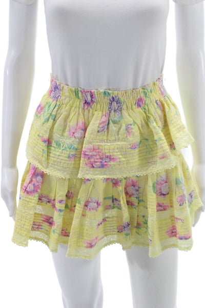 Love Shack Fancy Womens Ruffle Floral Cotton Short Skirt Yellow Size XS