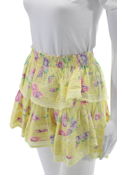 Love Shack Fancy Womens Ruffle Floral Cotton Short Skirt Yellow Size XS