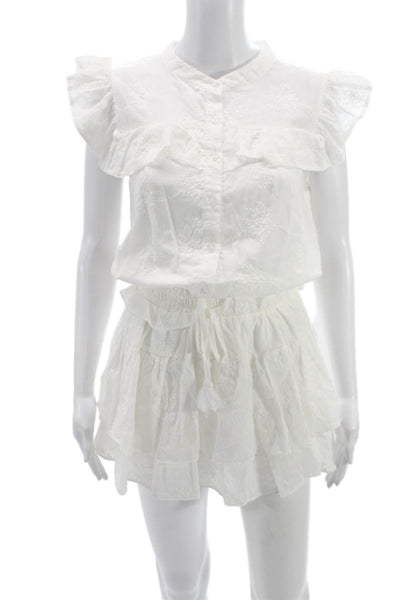 Day + Moon Womens White Cotton Collared Short Sleeve Romper Size S