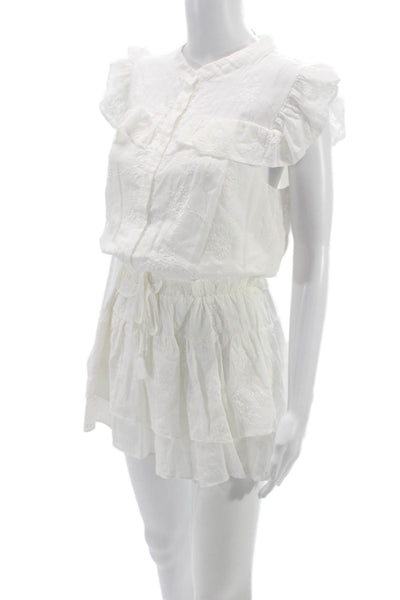 Day + Moon Womens White Cotton Collared Short Sleeve Romper Size S