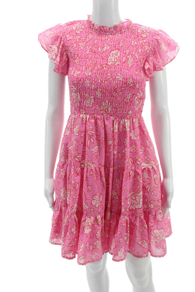 J. Marie Women Mini Pink Floral Mock Neck Short Sleeve Dress Size S