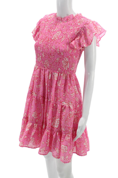 J. Marie Women Mini Pink Floral Mock Neck Short Sleeve Dress Size S