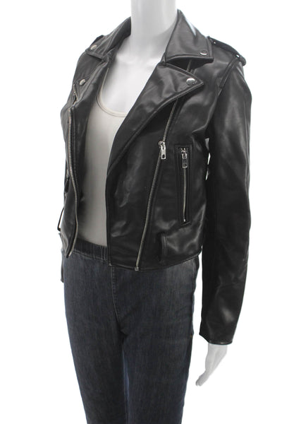 Zara Women Biker Jacket Faux Leather Black Zip Long Sleeve Size XS
