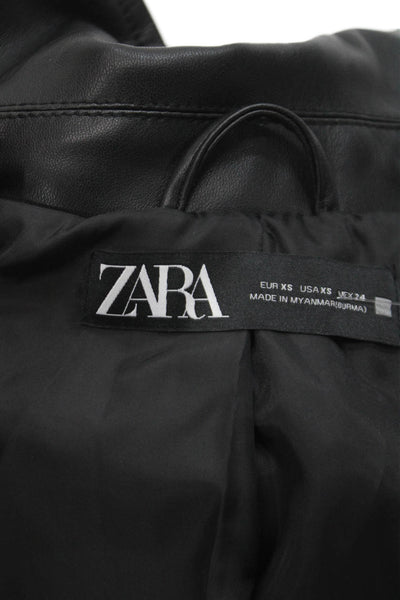 Zara Women Biker Jacket Faux Leather Black Zip Long Sleeve Size XS