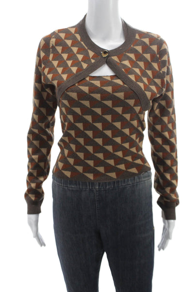 Heartloom Womens Cropped Halter Tank Brown Geometric Long Sleeve Button Size S