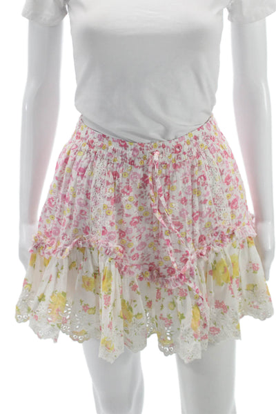 Love Shack Fancy Womens Mini Skirt White Floral Cotton Drawstring Size XS