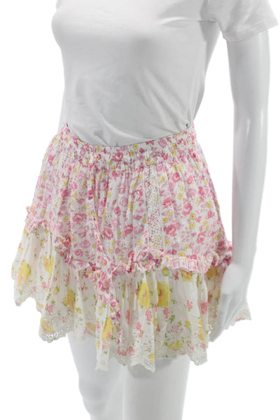Love Shack Fancy Womens Mini Skirt White Floral Cotton Drawstring Size XS