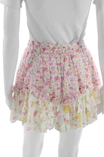 Love Shack Fancy Womens Mini Skirt White Floral Cotton Drawstring Size XS