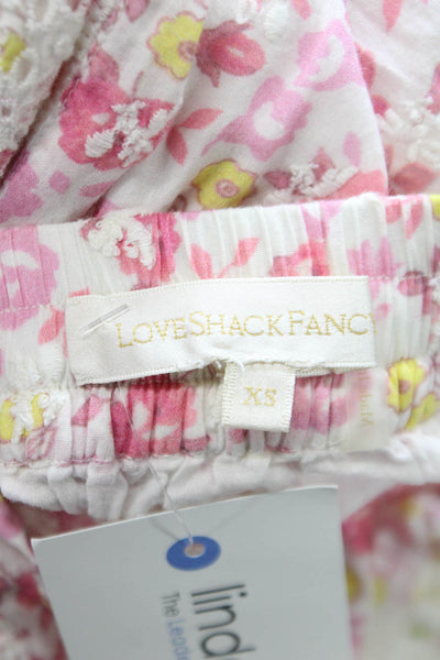 Love Shack Fancy Womens Mini Skirt White Floral Cotton Drawstring Size XS