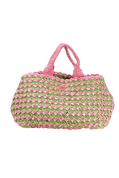 Prada Womens Raffia Crochet Woven Pattern Large Tote Handbag Pink Green