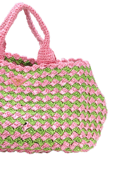 Prada Womens Raffia Crochet Woven Pattern Large Tote Handbag Pink Green