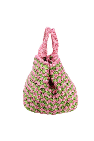 Prada Womens Raffia Crochet Woven Pattern Large Tote Handbag Pink Green