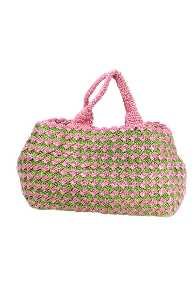 Prada Womens Raffia Crochet Woven Pattern Large Tote Handbag Pink Green