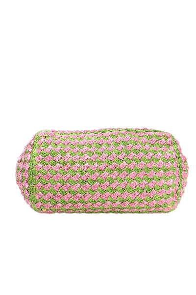 Prada Womens Raffia Crochet Woven Pattern Large Tote Handbag Pink Green