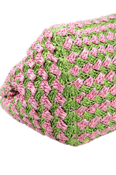 Prada Womens Raffia Crochet Woven Pattern Large Tote Handbag Pink Green