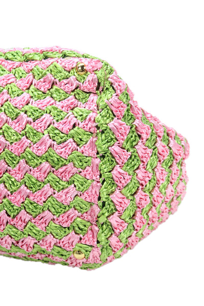 Prada Womens Raffia Crochet Woven Pattern Large Tote Handbag Pink Green