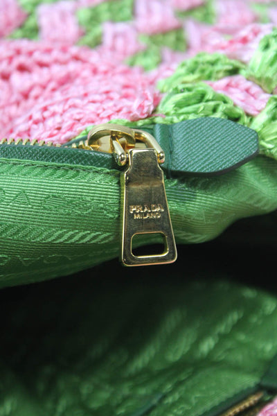 Prada Womens Raffia Crochet Woven Pattern Large Tote Handbag Pink Green