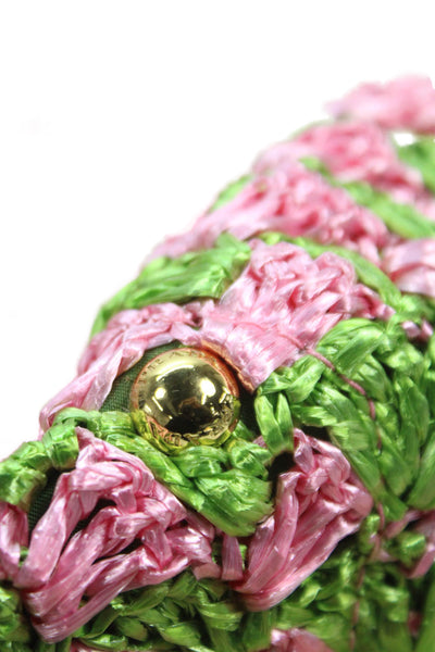 Prada Womens Raffia Crochet Woven Pattern Large Tote Handbag Pink Green