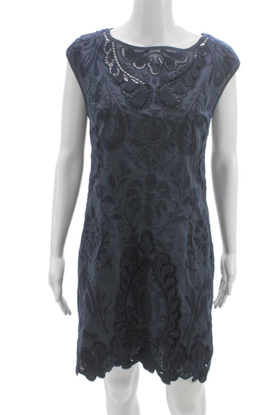Beth Bowley Womens Shift Dress Blue Floral Boat Neck Knee Length Size 6
