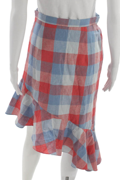 Parker Womens Wrap Plaid Linen Skirt Knee Length Red Size 4