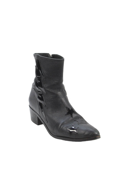 Modern Vice Womens Side Zip Block Heel Star Booties Black Leather Size 37.5