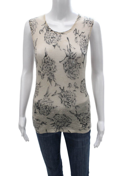 Tse Womens Cashmere Floral Tank Round Neck Sleeveless Beige Size M