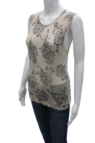 Tse Womens Cashmere Floral Tank Round Neck Sleeveless Beige Size M