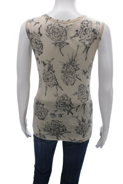 Tse Womens Cashmere Floral Tank Round Neck Sleeveless Beige Size M