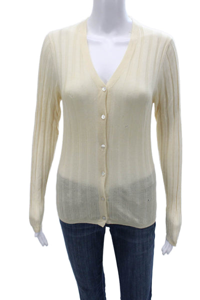Bergdorf Goodman Women Cardigan Ivory Cashmere Silk V-Neck Long Sleeve Size M