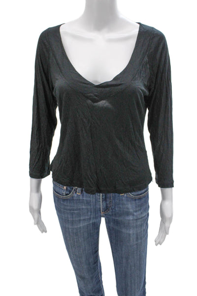 Piazza Sempione Women Black Basic V Neck 3/4 Sleeve Blouse Size 48