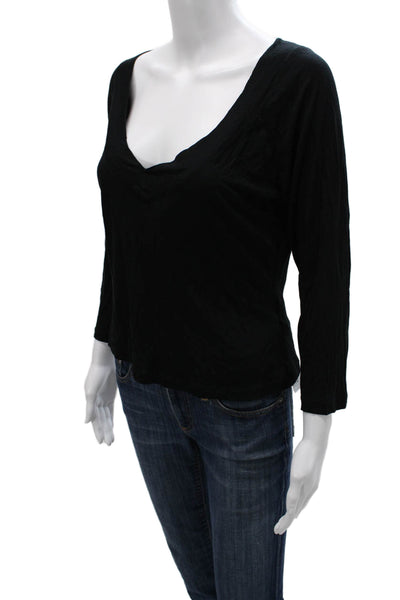 Piazza Sempione Women Black Basic V Neck 3/4 Sleeve Blouse Size 48
