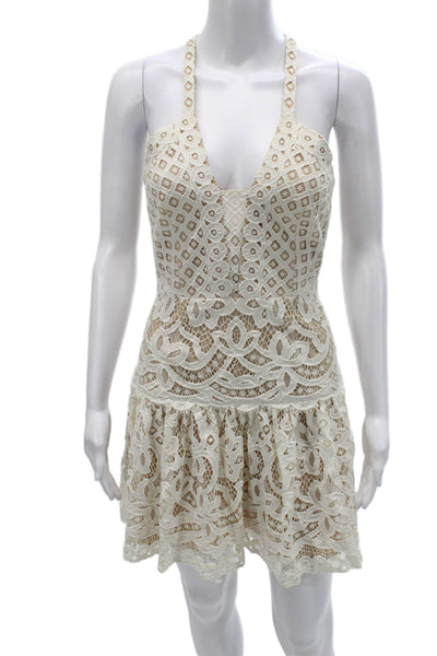 BCBGMAXAZRIA Women Mini Lace Halter Dress Beige Sleeveless Zip Size 4