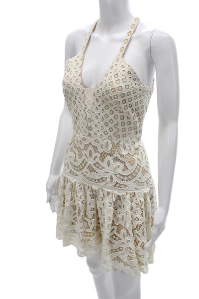BCBGMAXAZRIA Women Mini Lace Halter Dress Beige Sleeveless Zip Size 4