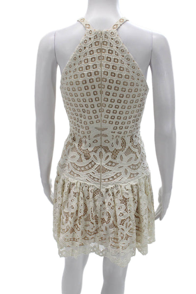 BCBGMAXAZRIA Women Mini Lace Halter Dress Beige Sleeveless Zip Size 4
