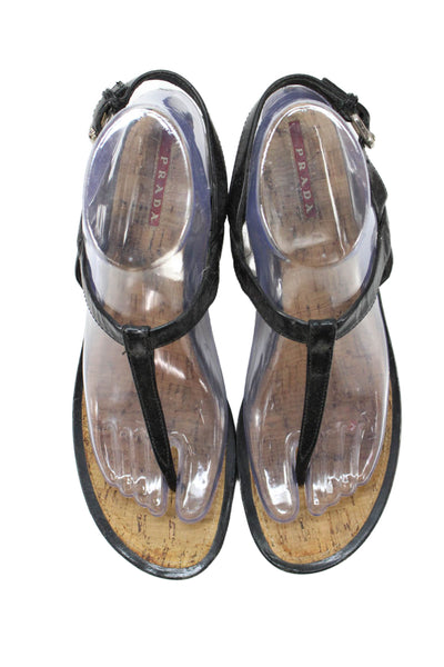 Prada Women's T-Straps Cork Wedge Sandals Black Size 7