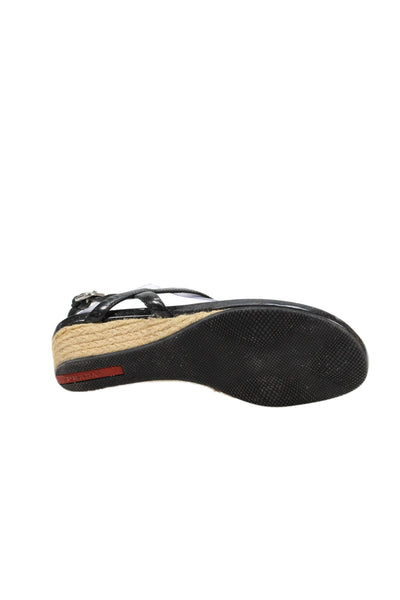 Prada Women's T-Straps Cork Wedge Sandals Black Size 7