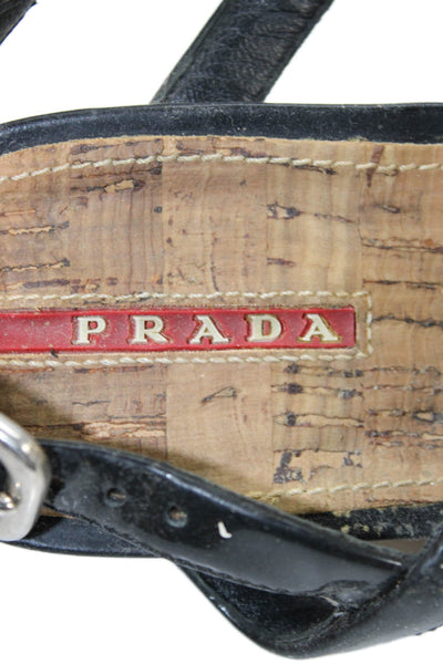 Prada Women's T-Straps Cork Wedge Sandals Black Size 7