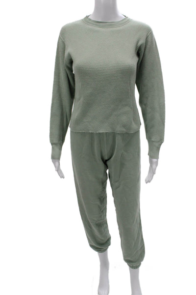 Riley Women Two Piece Lounge Set Green Cotton Crew Neck Long Sleeve Size XS